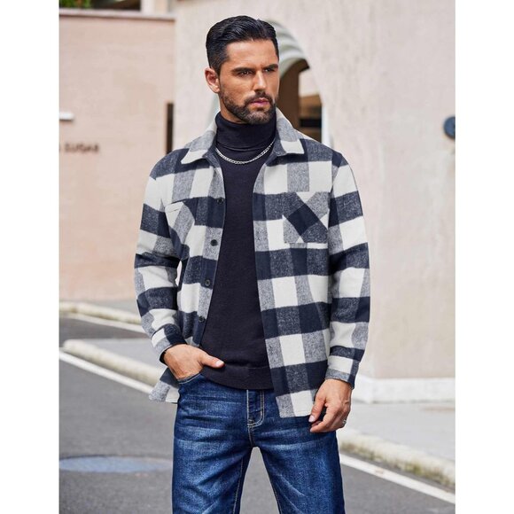 Men's Buffalo Navy Flannel Shirts Casual Button Down Plaid Shirt with Pockets - Picture 2 of 6